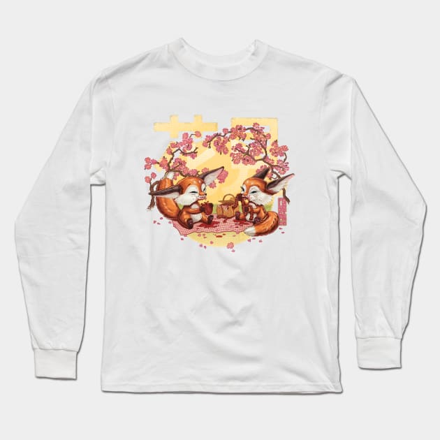 Hanami Fox Picnic (pink) T Shirt Long Sleeve T-Shirt by Floof Monster Co